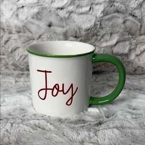 Sleigh Bell Bistro Joy Large Mug with Green Handle. Ceramic